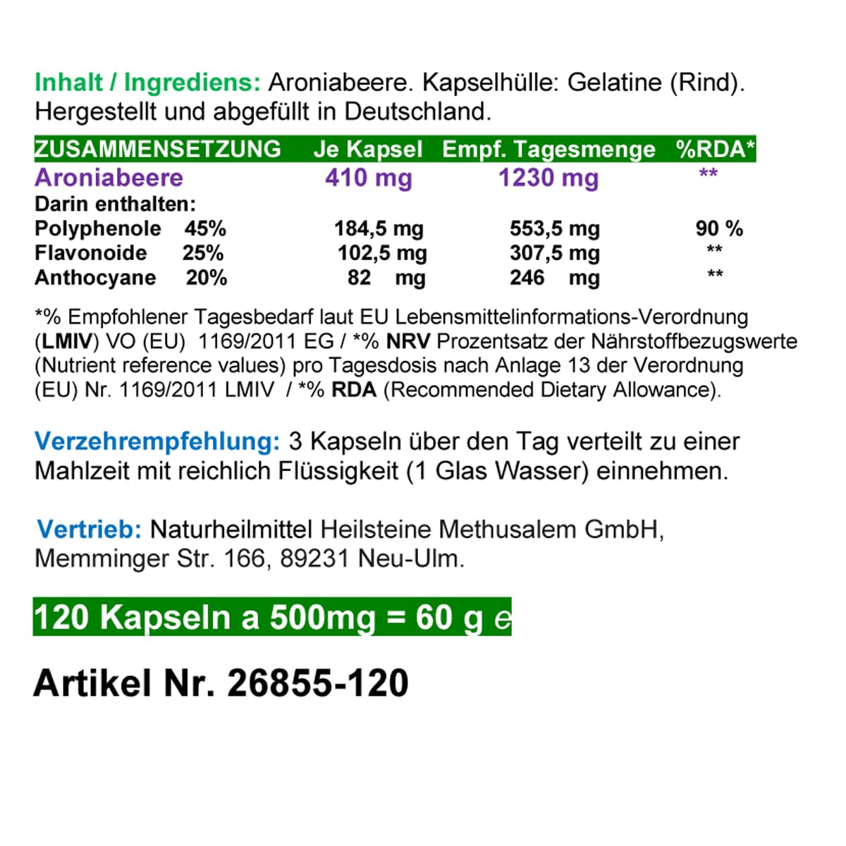 Aroniabeere Aronia 360 (3x120) Kapseln OPC + Antioxidantien (Radikal Fänger) + Vitamine C+E+K - Anthocyane + Flavonoide für Immunsystem & Abwehrkräfte - NATUR PUR ohne ZUSATZSTOFFE. 26855-3