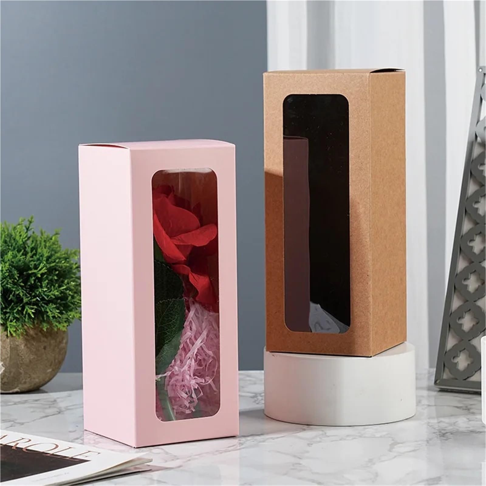 Kraftpapier Box Mit Fenster 8 x 20 cm große Geschenkbox mit Fenster