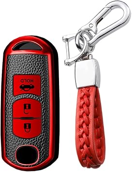 KUNIO Car Key Case Cover Fits Mazda 3 5 6 MX5 RX8 CX-3 CX-4 CX-5 CX-7 CX-9 BT50 MX-5 Atenza Demio Accessories TPU Leather Texture Keyring Key Cover Case 3 Buttons Red