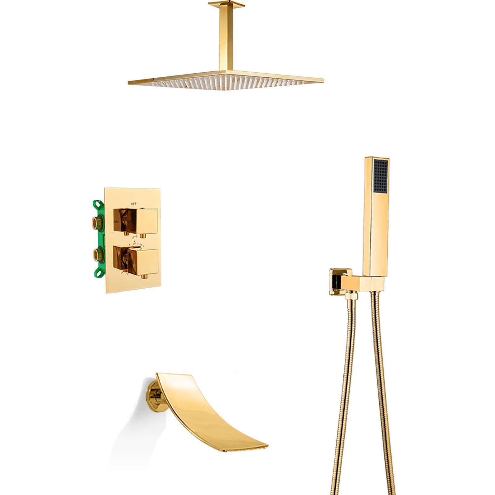 QUSYZD Thermostatic Gold Rain Mixer Shower Combo Set Ceiling Mounted Bathroom Shower Faucet Set with Rainfall Shower Head, Handheld Shower, Waterfall Tub Spout,8 Inches,16,12 Inches