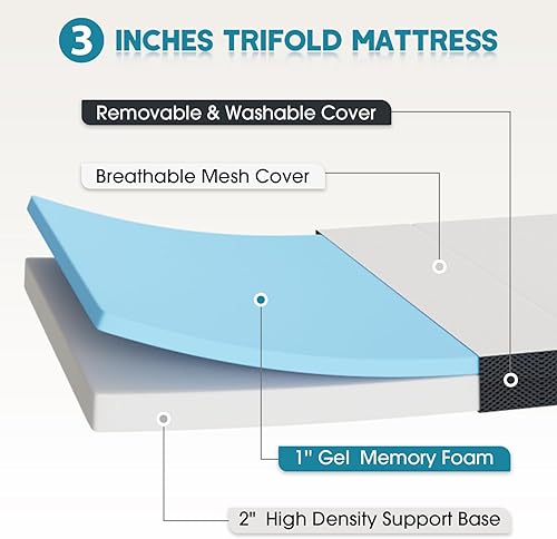 Miniatura 5 de Colchón plegable de espuma viscoelástica de 3 pulgadas, portátil, plegable, de espuma viscoelástica, parte inferior antideslizante, transpirable,