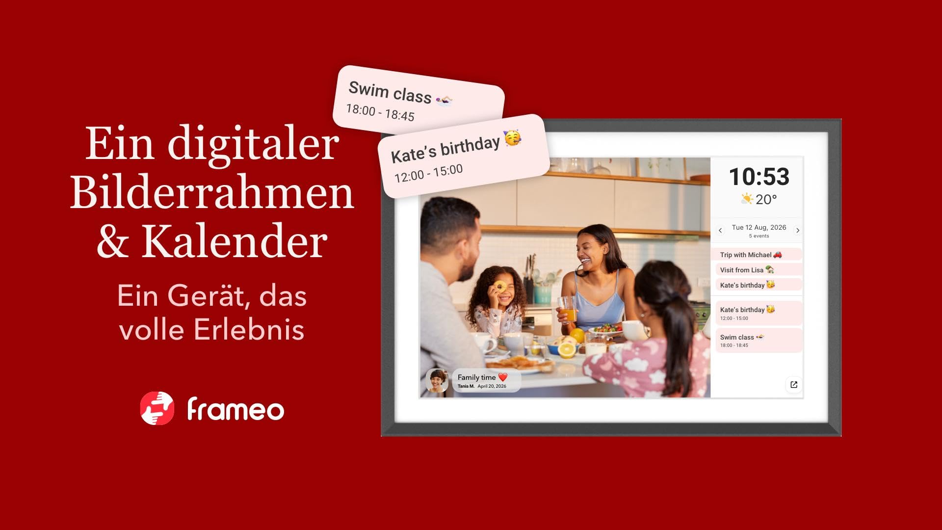 Cytem Cadre photo numérique 10,1" avec Wi-Fi et frameo, anti-reflet, mat, mémoire 32 Go, détecteur de mouvement, image, cadre photo électronique, écran tactile IPS 1280 x 800, noir
