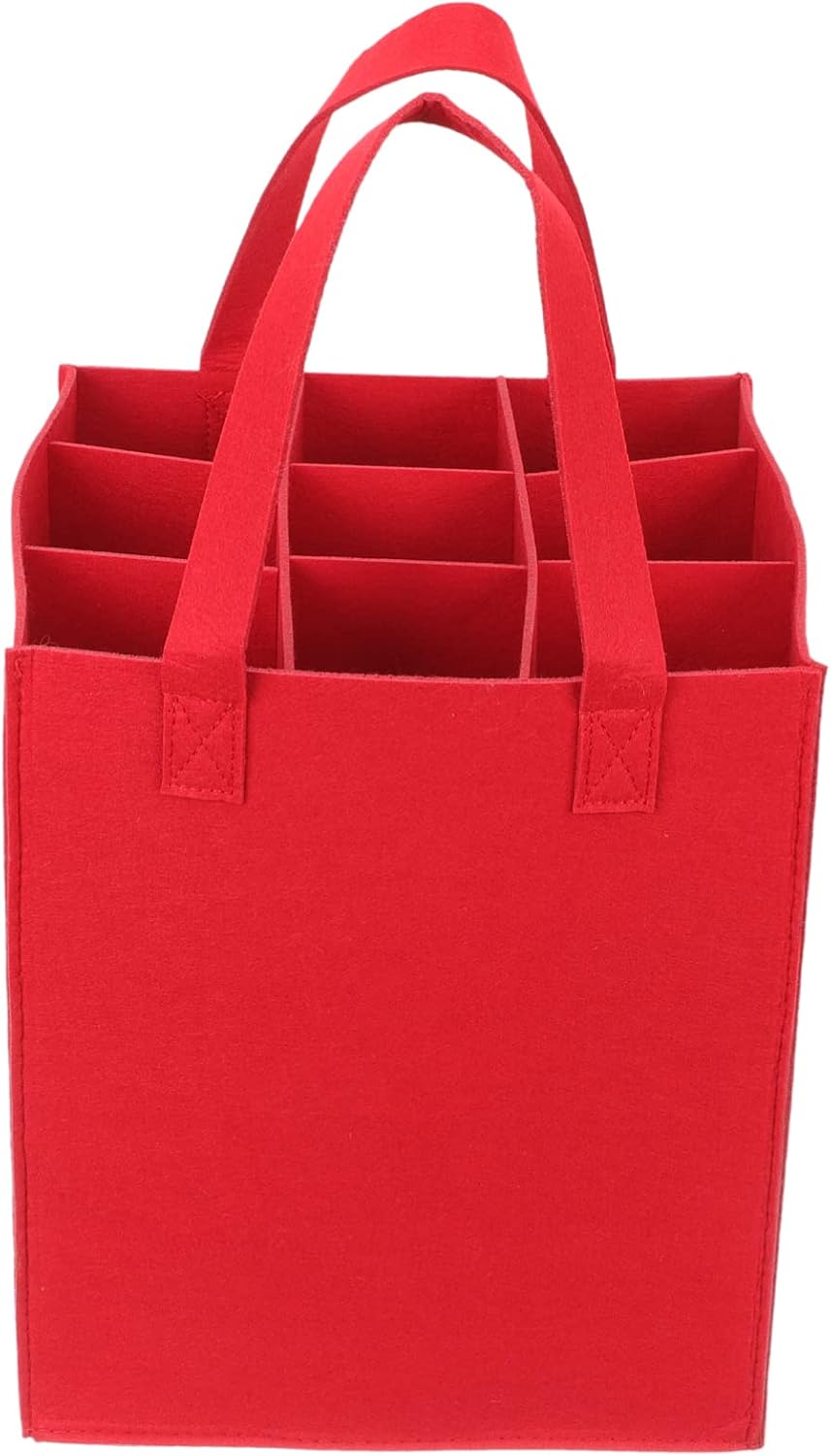 Red Felt Wine Bag for 9 Bottles, Portable Divided Storage Tote