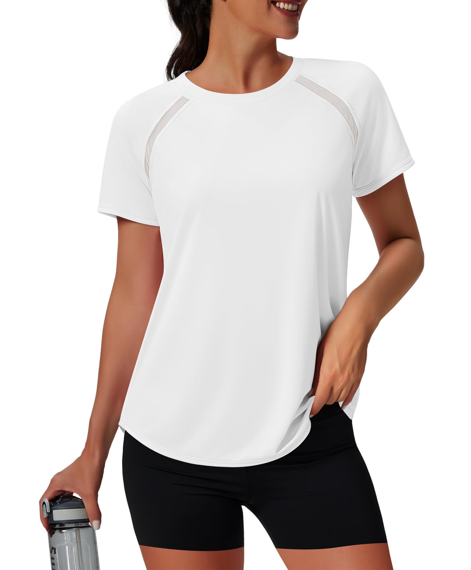 The NIASHOT women's workout top features mesh detailing for enhanced ventilation during exercise.