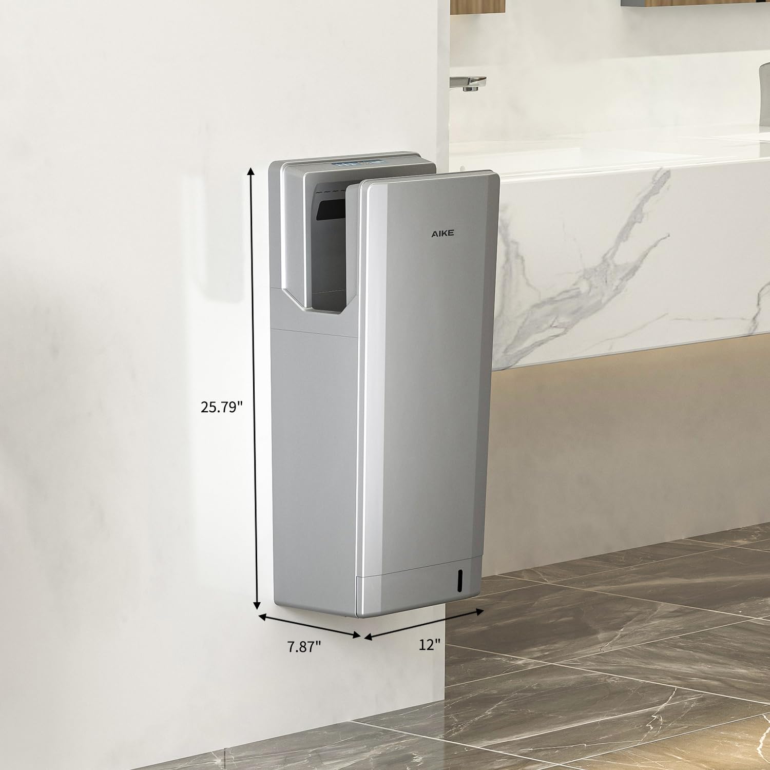 AIKE Swift Asciugamani Elettrico Professionale con Filtro HEPA, Design Geometrico, Flusso Aria 90M/S, per Bagni ad Alto Traffico, 1850W 220V Argento