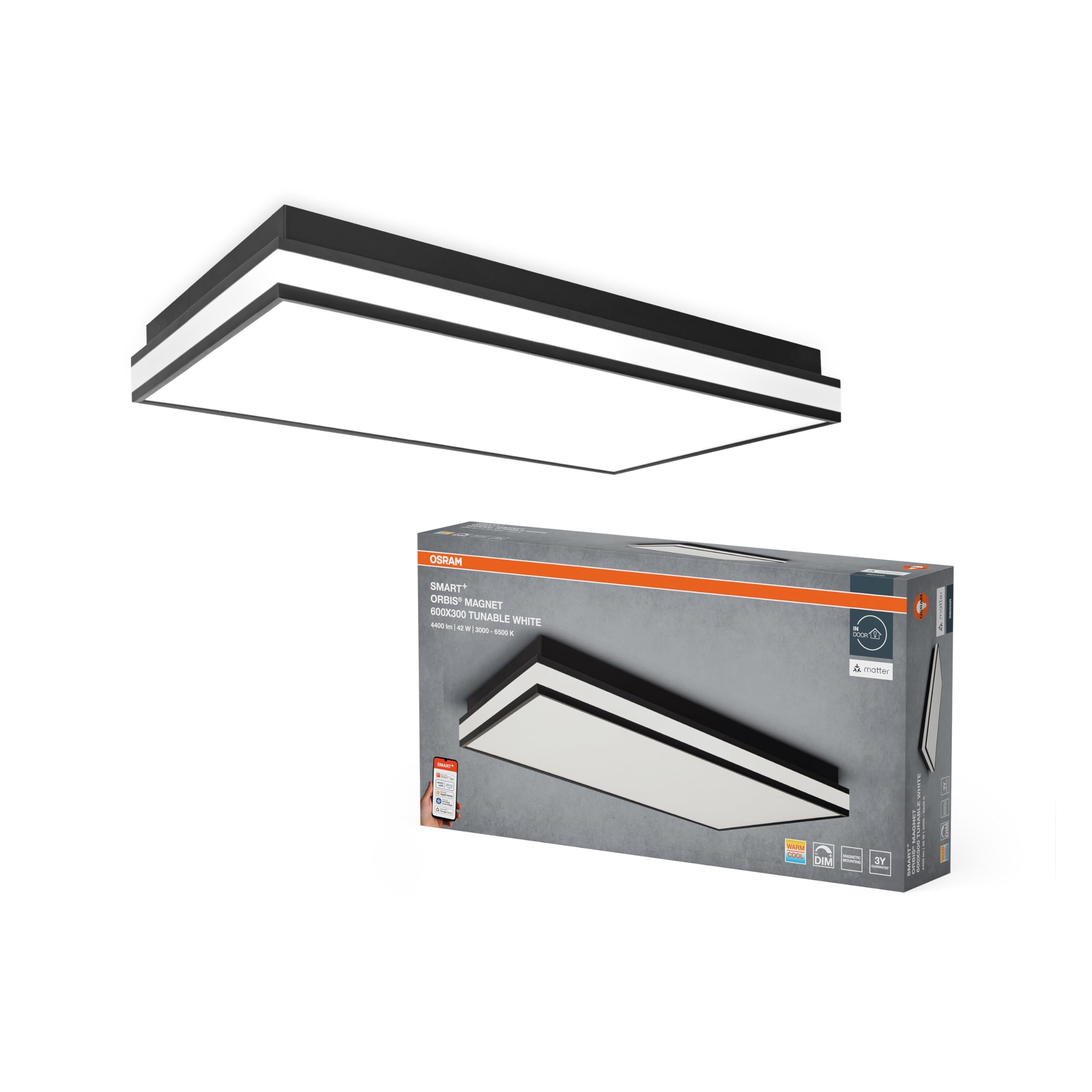 OSRAM LUCE DA SOFFITTO LED SMART+ Matter MAGNET 600x300mm TW | SMART+ MATTER Magnet, Indoor Wall Lighting, Black, dia, 30000 h, confezione da 1