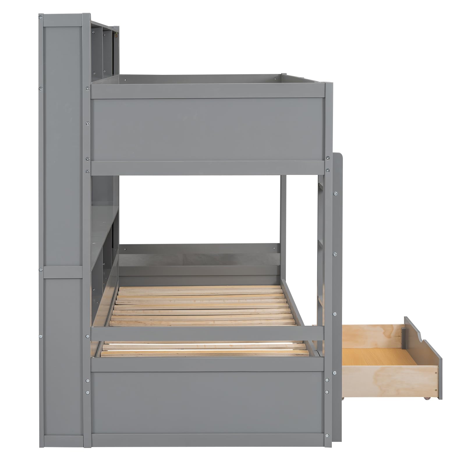 Estructura de cama nido de 90×200 cm Idemon EN747-1 (Gris, MDF de madera maciza, 2 cajones + compartimentos de almacenamiento), Cama nido minimalista para niños y huéspedes con compartimento lateral