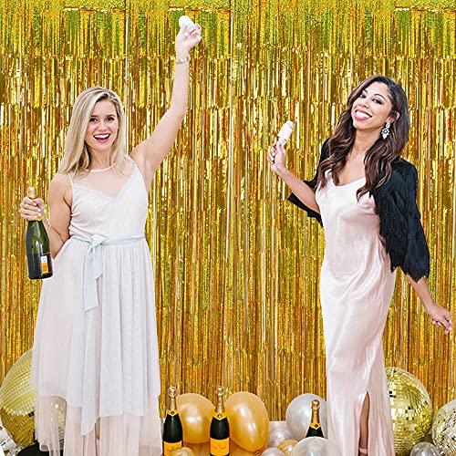 Image of TONIFUL 3Pcs Laser Gold Door Streamers, Metallic Foil Fringe Curtains for Birthday, Christmas, New Year, Bachelorette, Graduation Parties (9.9ft x 6.6ft)
