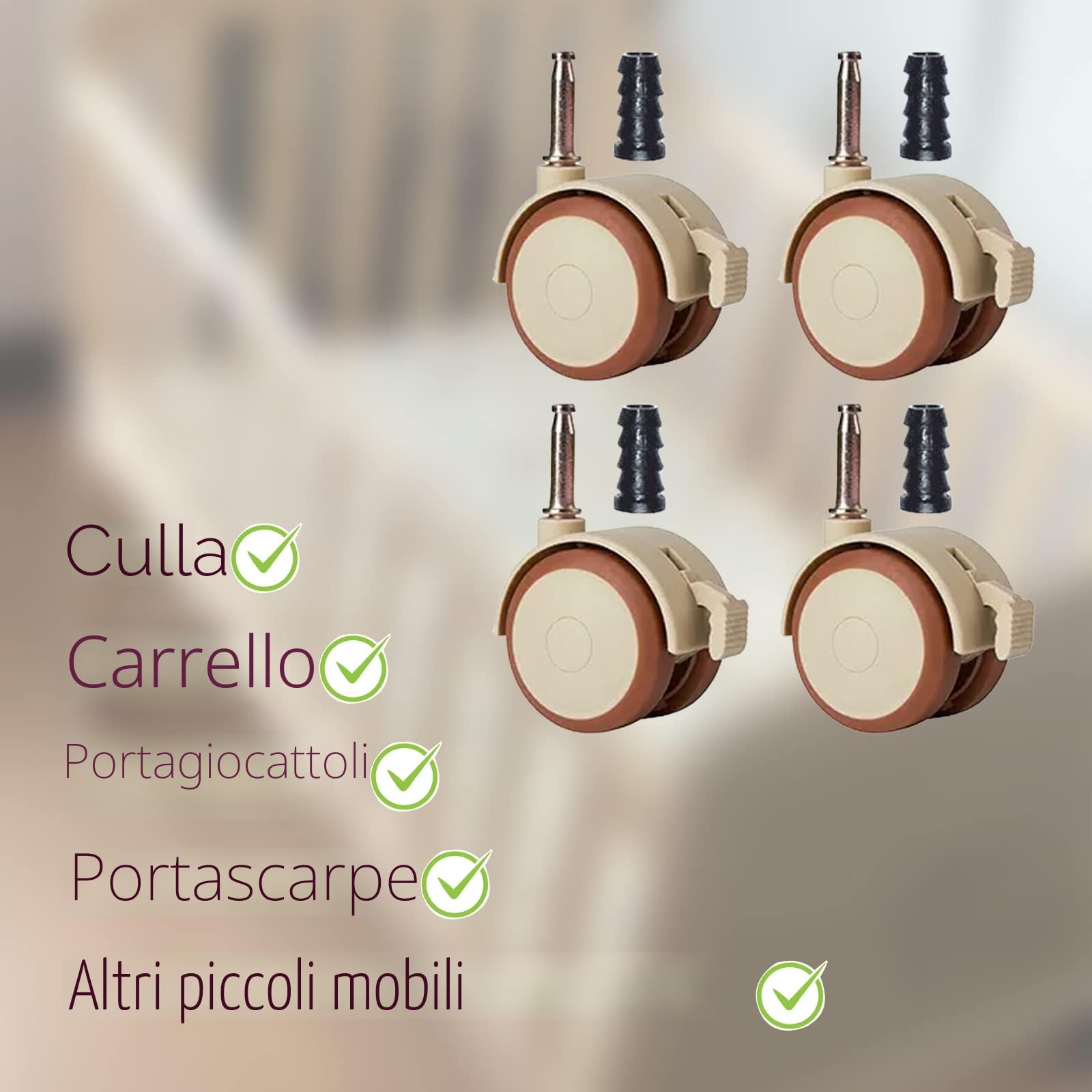ZoeTekway Set di 4 ruote girevoli per mobili con manicotto 10,5 mm, ruote silenziose in gomma con freni