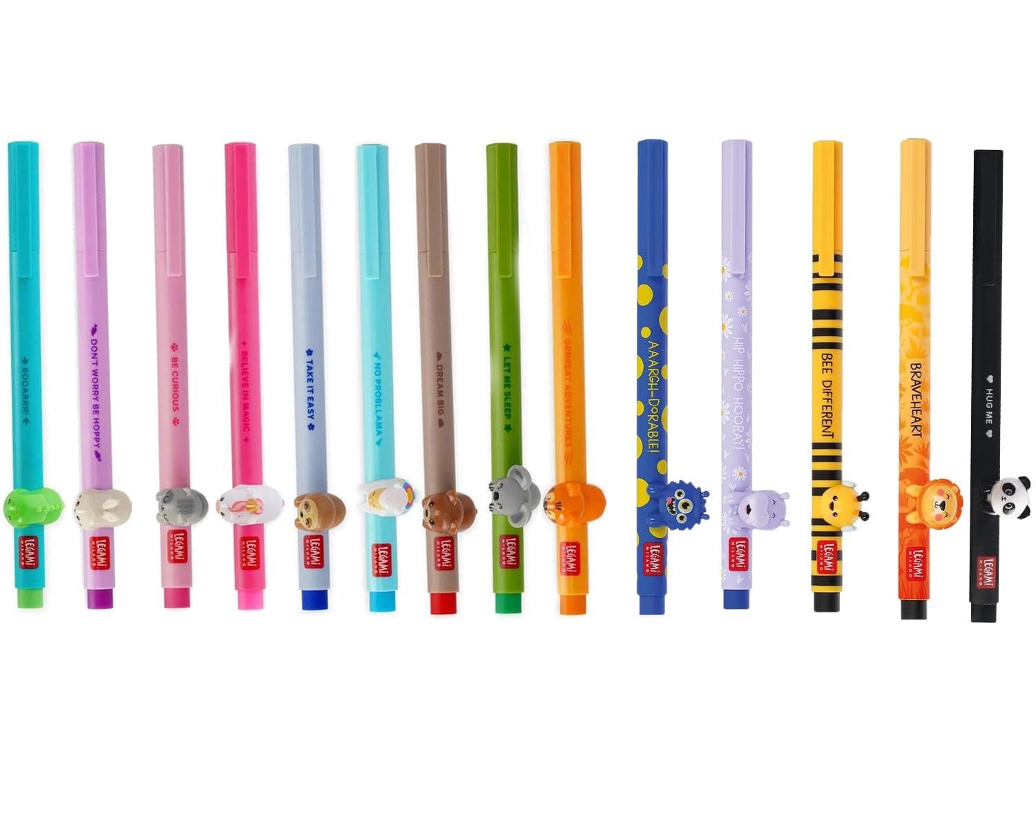 LEGAMI Lot de 14 stylos gel Lovely Friends, abeille, lion, hippo, monstre, panda, lama, monstre, lapin, tigre, koala, chat, ours en peluche, paresseux et dinosaure
