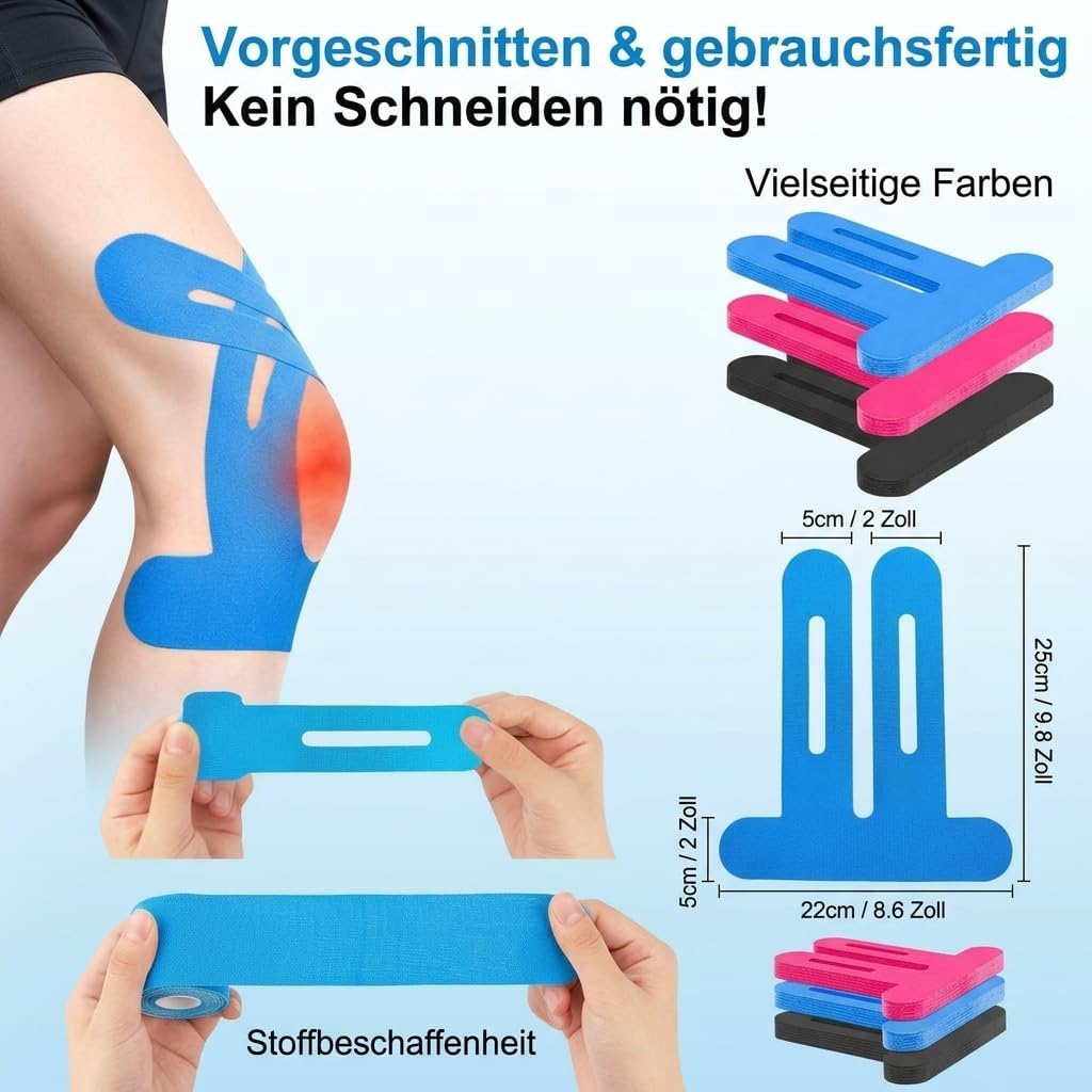 Tapex Kniegelenk vorgeschnittenes Kniemuskelband, professionelle Sport-, Lauf- und Fitness-Stützbandage für Sportler, 10 Stück, Schwarz (Blau) - 2