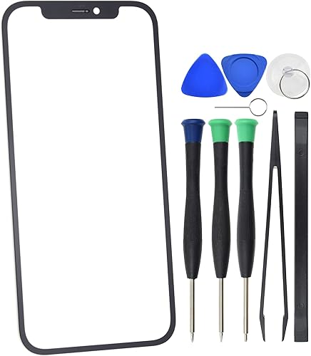 Cubierta de cristal frontal exterior de repuesto para iPhone 12 con adhesivo transparente óptico instalado, color negro de 6.1 pulgadas