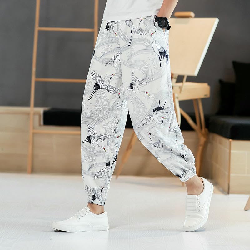 Pantalon long décontracté avec imprimé asiatique et coupe ample fluide - 4