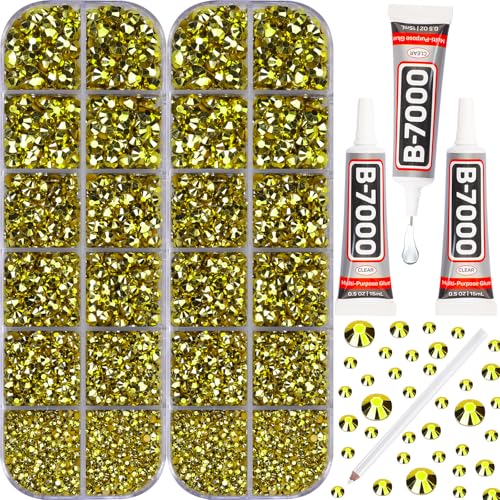 11000PCS Metallic Gold Rhinestones for Bedazzling 2/3/4/5MM Flatback Resin Rhinestones for Crafts with B7000 Glue Bedazzler Kit with Diamonds Crystals Jewels Gems Rhine Stone for Nails DIY Clothing