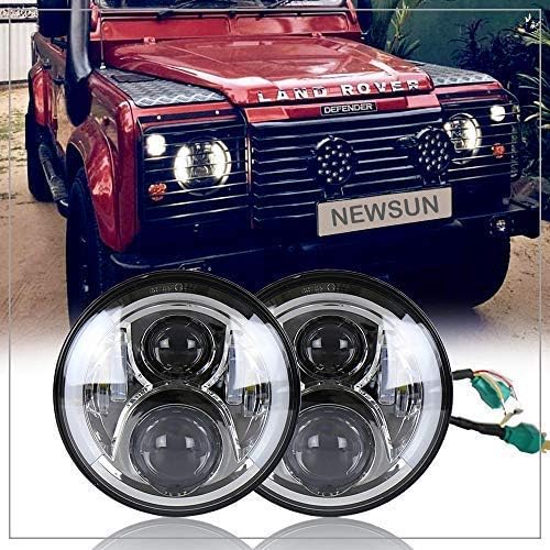 NSLUMO 2pcs Silver LED Driving 7'' Round Headlight White Yellow Daymaker Turn Signal Projector Halo Ring Eyes Replacement For Defender 90 110 RHD Headlamp