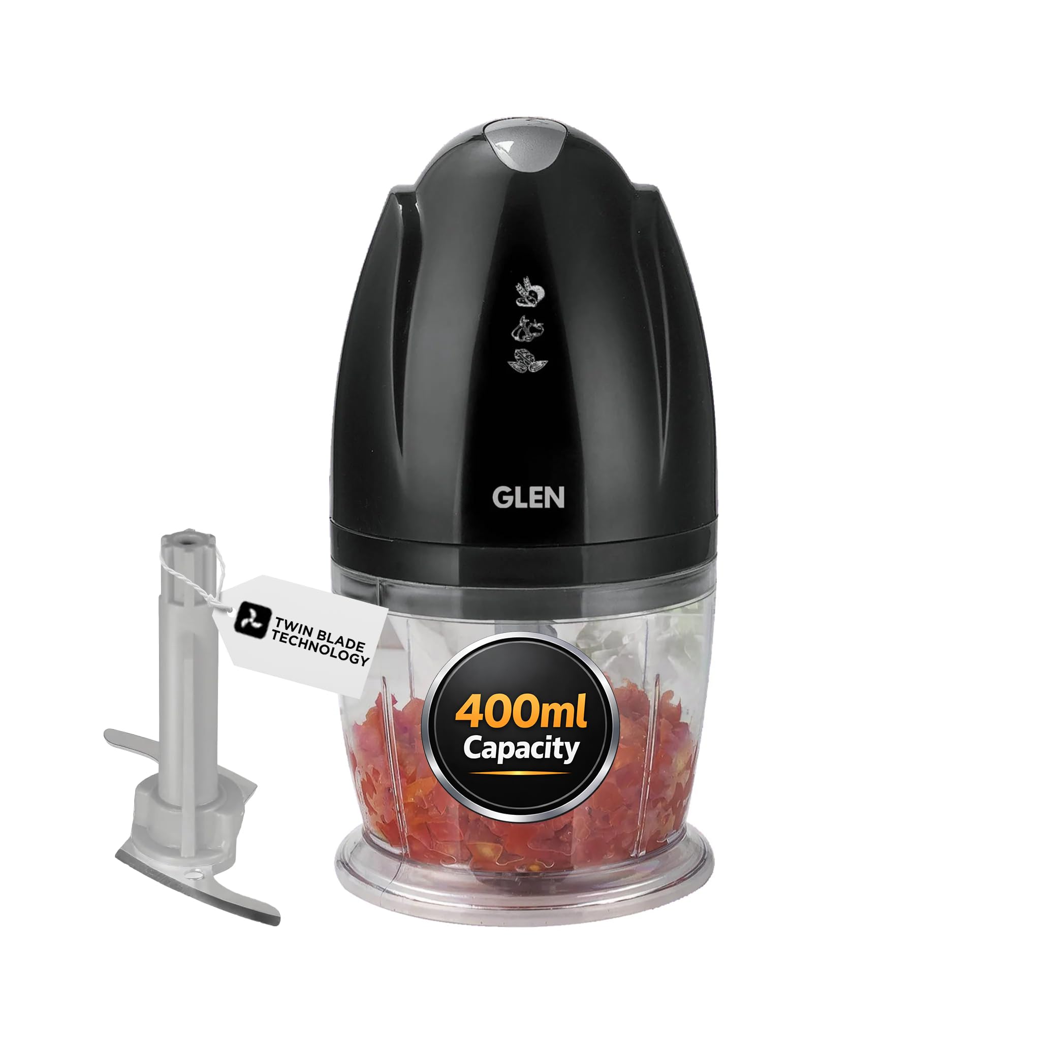 Glen Electric Chopper for Kitchen, 400ml Bowl, 200W Mini Fruit & Vegetable Cutter with Rust-Resistant Stainless Steel Blades, Whisker Disc, Chops Onion & Nuts - Black (SA4041MCBL)-image-11