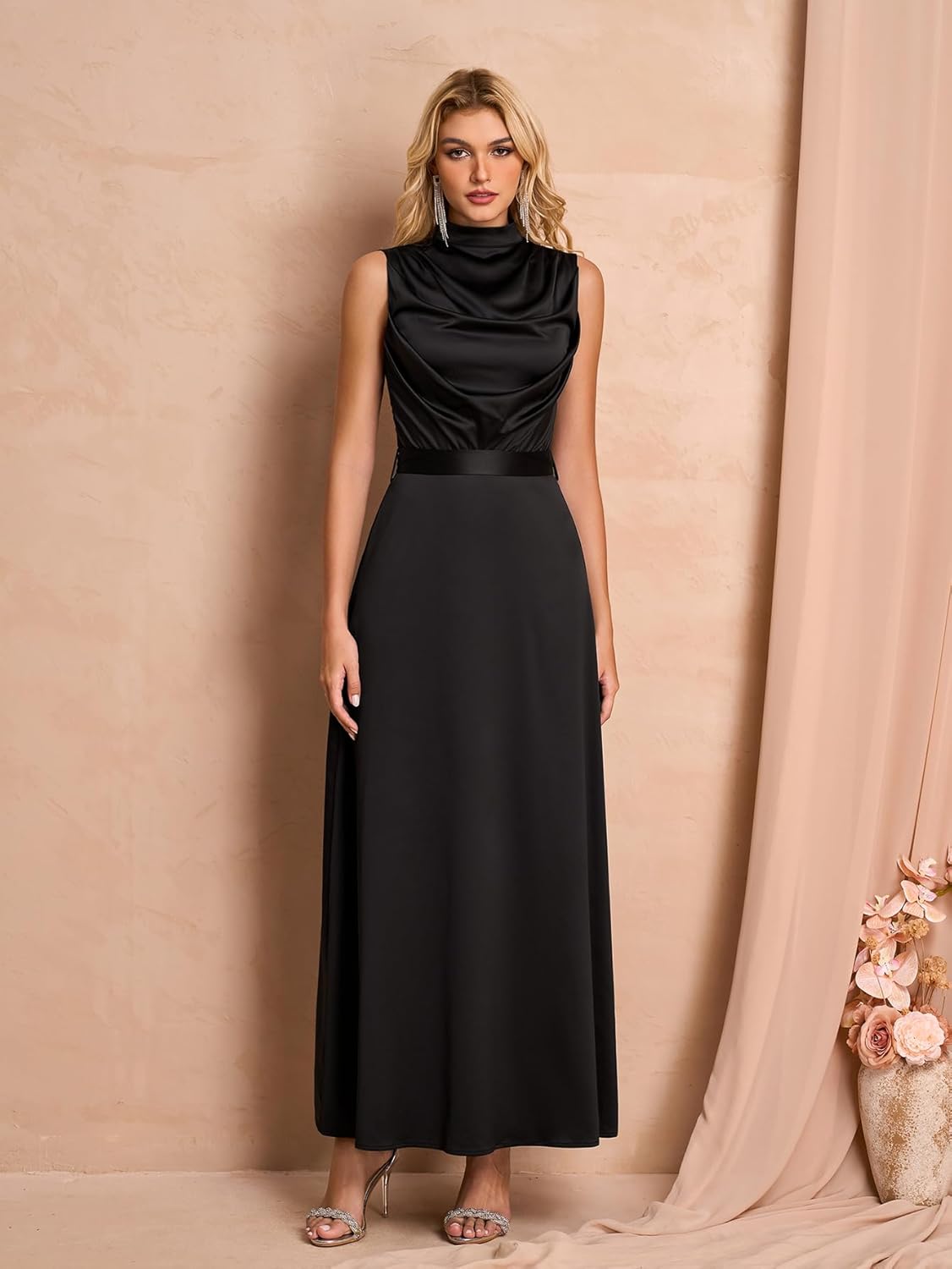 Women Satin Formal Long Dress Elegant Mock Neck Ruched Cocktail Wedding Guest Party Maxi Dress with Belt - Image 4