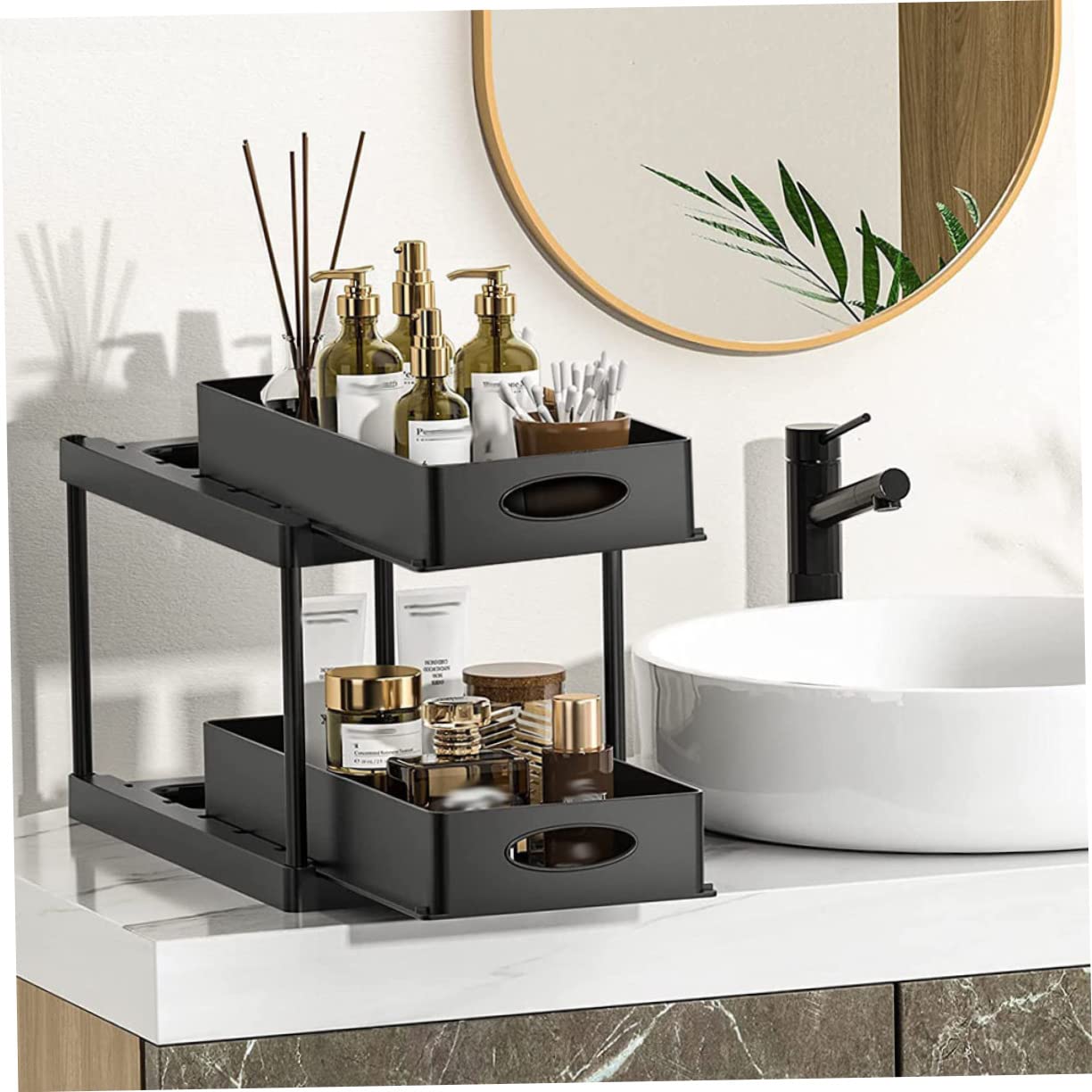 LABRIMP Organizador Productos de Limpieza Extraíble para Debajo del Fregadero, 2 Niveles, Abs Negro, Diseño Deslizante, Adecuado para Baño y Cocina