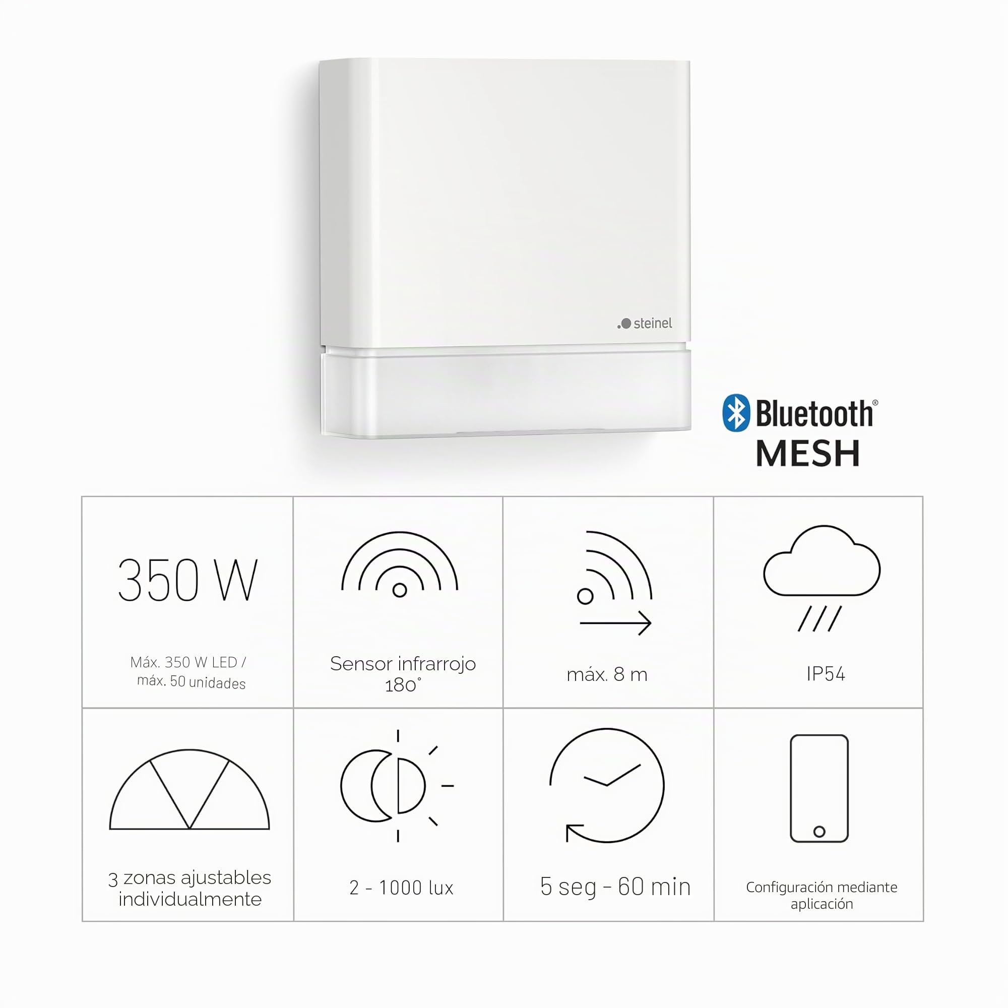 Steinel IS 180 Digi Sensor de movimiento, en color blanco, con detección de 180°, alcance de 8 metros y conexión Bluetooth Mesh inteligente a través de una aplicación