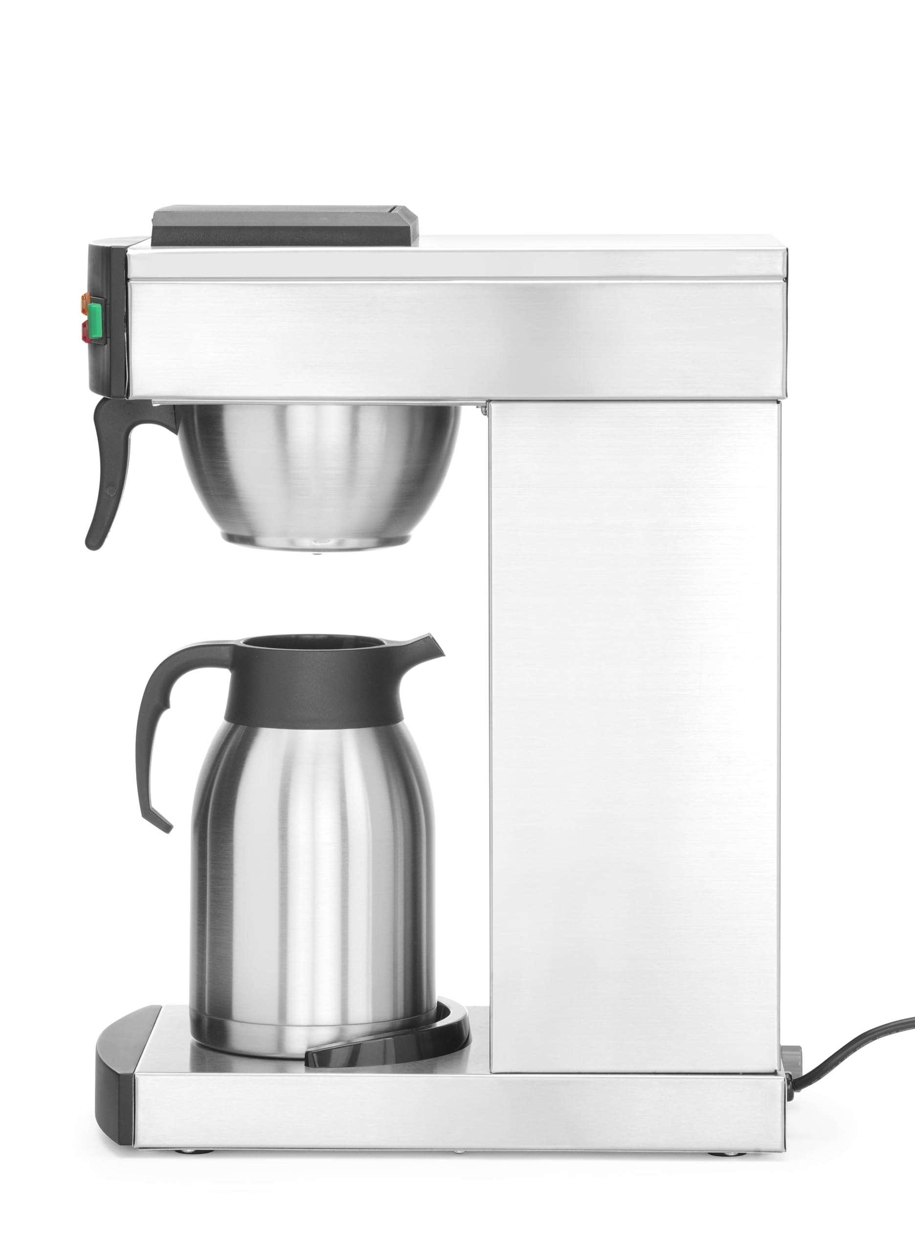 HENDI Cafetera de goteo, eléctrica, para café molido de filtro, incluye 100 filtros de papel y 1 jarra térmica de 2L, cafetera de filtro, 230V, 1400W, 215x410x(H)520mm, acero inoxidable