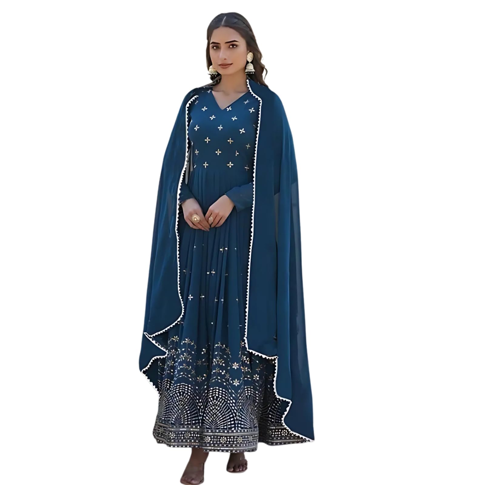 Blue Georgette Full Sleeve Ankle-Length Gown with V Neck & Embroidered Dupatta – Stylish Ethnic Wear for Women | Party | Festival | Kurti | Heavy | Daily |Wedding-picture-31