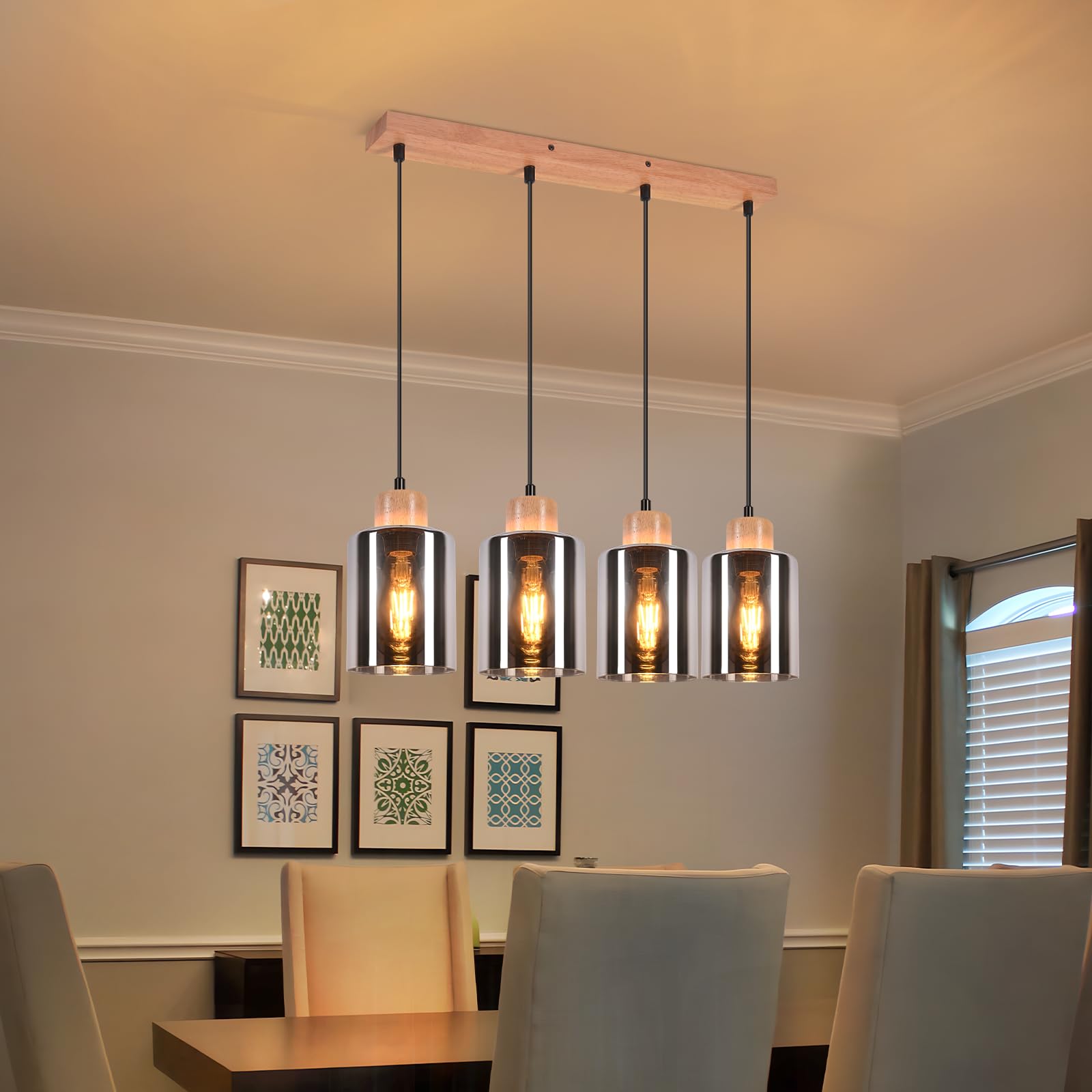 Pendelleuchte esstisch Hängelampe E27: Esstischlampe hängend Holz | Esszimmerlampe 4 flammig retro Vintage Hängeleuchte Rauchglas Pendellampe für Esszimmer Küche - Ohne Leuhctmittel