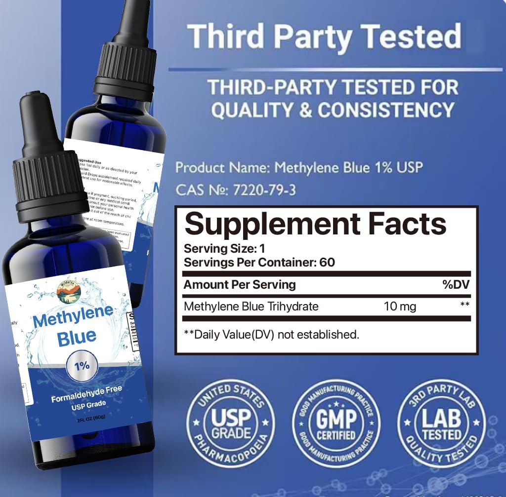 Methylene Blue Pharmaceutical Grade, USP Grade, Third-Party Tested Dietary Supplement for Humans, No Formaldehyde, Made in USA (1% 60ml Bottle) - Image 4