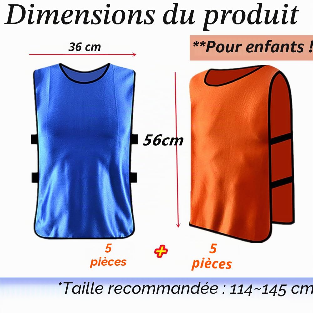 Lot de 10 Chasubles d’Entraînement Sport Enfants,36 * 56 cm,pour Le Football, Le Rugby, Le Hockey,Chasuble Enfant Football,5 orange,5 bleu