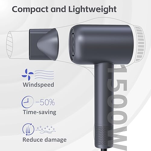 Miniatura 2 de Secador de pelo iónico de 1500 W, potente secador de pelo de 110,000 RPM para secado rápido, ligero y compacto con control térmico para el hogar y