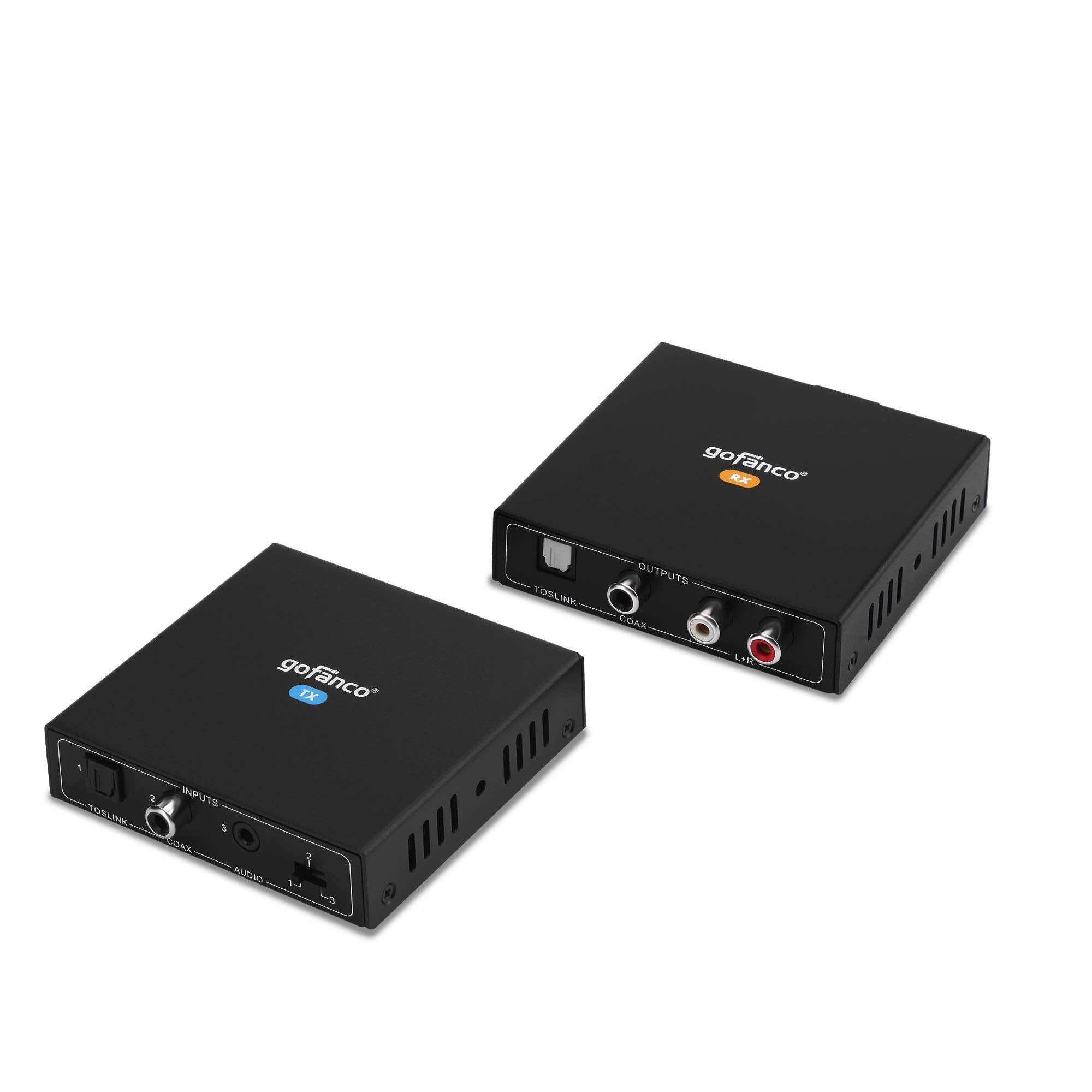 gofanco Audio Extender Over CAT5e / CAT6 - Coaxial/Toslink/RCA Stereo, 950ft (290m) Extension, Embedded DAC & ADC, PoC, Up to 7.1-Channel, Supports