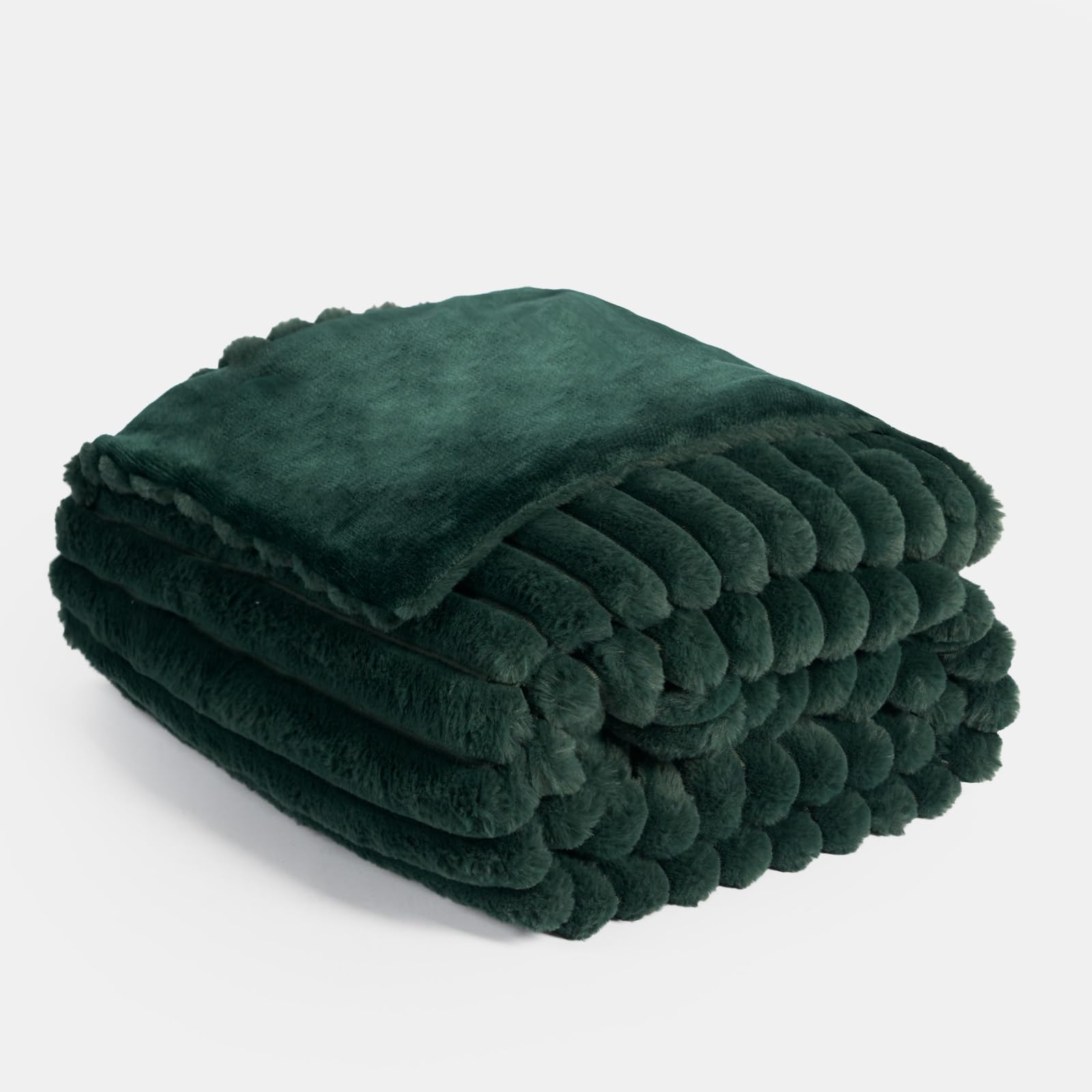 OHS Green Throw Faux Fur Blanket Thick Ribbed Bed Sofa Throw, 150 x 200cm
