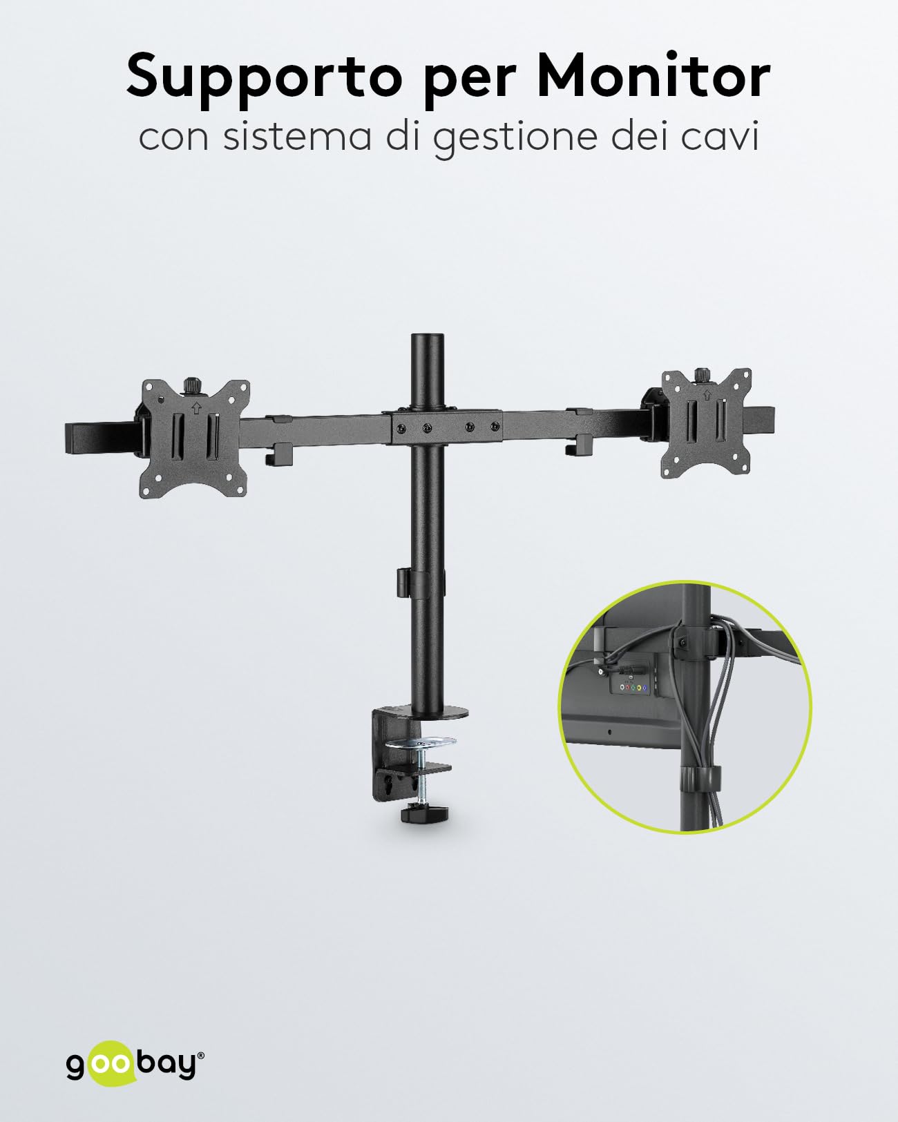 goobay Supporto Doppio Monitor 17-32 Pollici Inclinabile Regolabile in Altezza VESA 100x100 2x Fino a 9 kg con Morsetto Tavolo - Basic - 59394