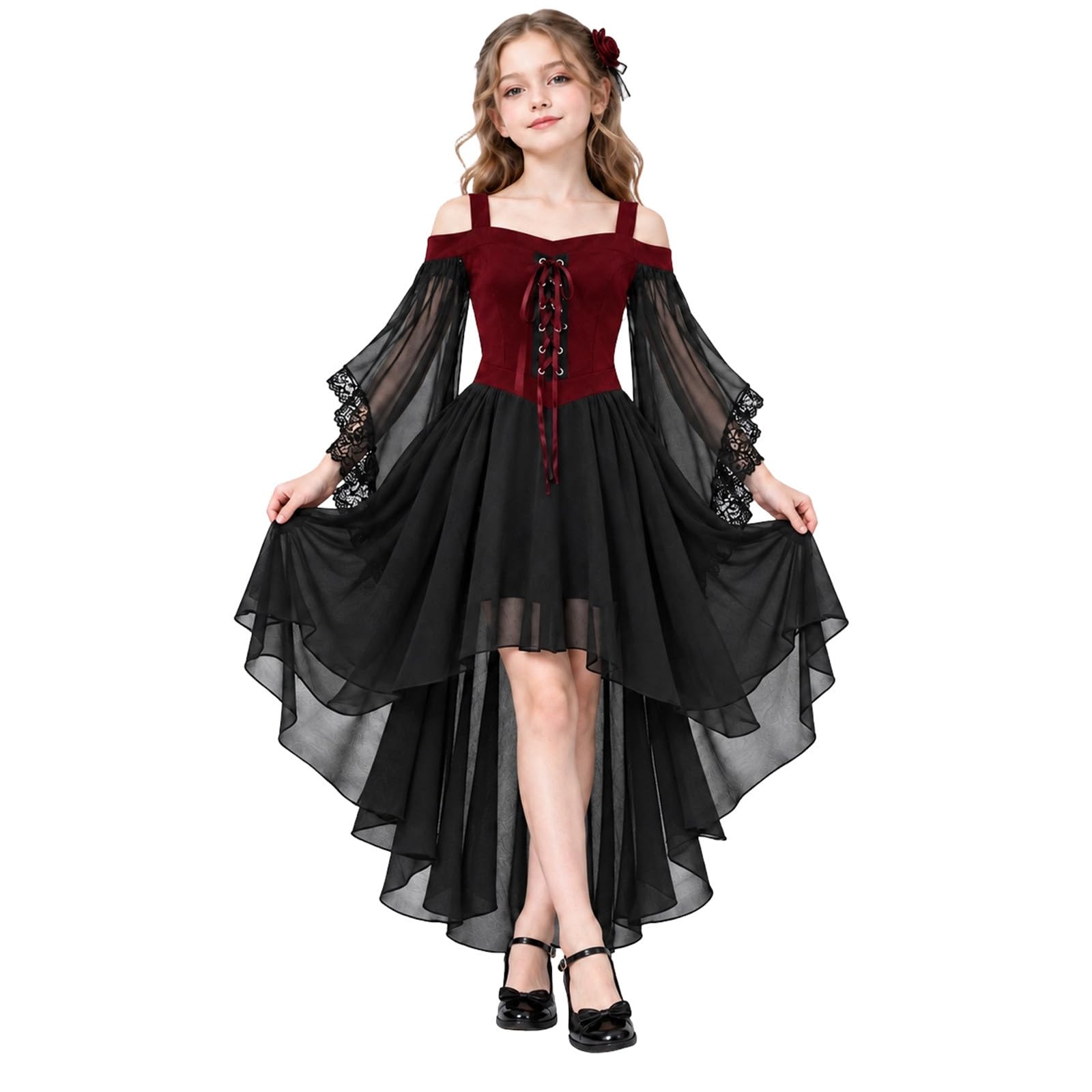 Girls Gothic Fancy Dress Costume Kids Halloween Witch Cosplay Outfit, Off Shoulder Lace Up Chiffon High LowSteampunk Dress with FlareSleeves for 7 8 9 10 11 12 13 Years (Red, 10-11 Years)