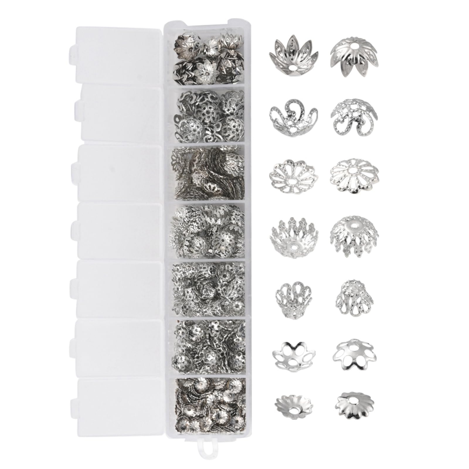 Echoed Elegance 755pcs Iron Bead Caps Flower Charms (7 Styles) - 1mm-1.5mm Hole Platinum Plated for DIY Jewelry Making, Earrings & Necklace Craft Supplies