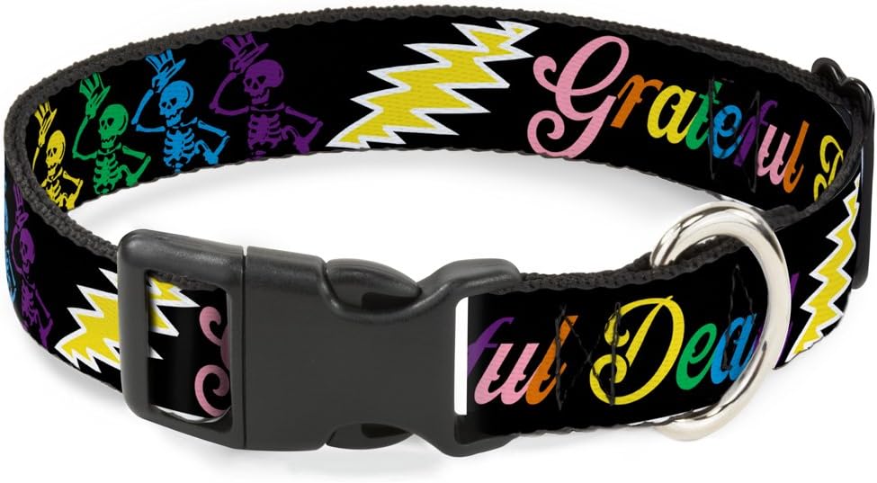Buckle-Down Plastic Clip Collar - Grateful Dead Script w/Bears & Skeletons Black/Multi Color - 1.5" Wide - Fits 13-18" Neck - Small