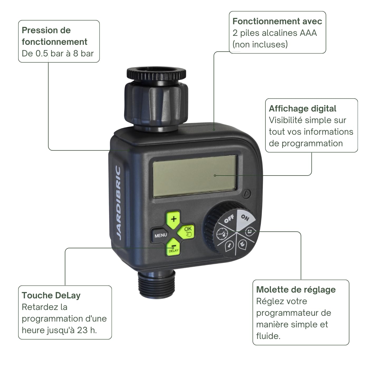 Jardibric - Programmateur Arrosage Digital 36 Programmes - Minuteur Arrosage Automatique avec Rain Delay Débit 1320 L/h