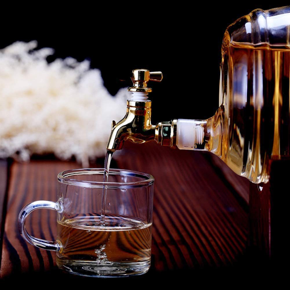 zaizai Carafe À Whisky en Baril avec Bateau, Support en Bois avec Robinet Bouteille en Verre en Forme De Tonneau De Vin, Distributeur d'alcool 1000 ML