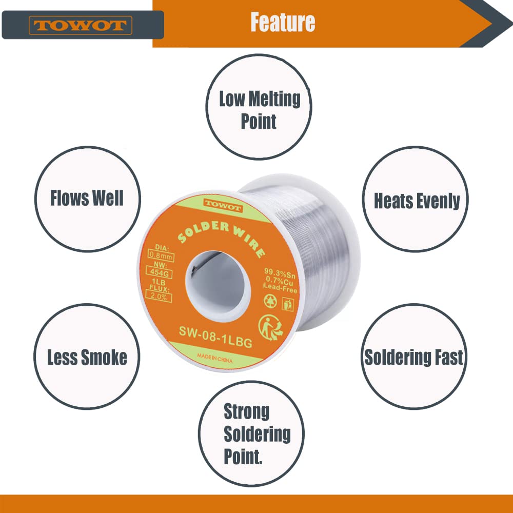 TOWOT Fil de Soudure Sans Plomb, Soudure Douce Avec Noyau de Colophane Pour Soudure Électrique (Sn99.3 % Cu0.7%/0.8mm,500g) SW