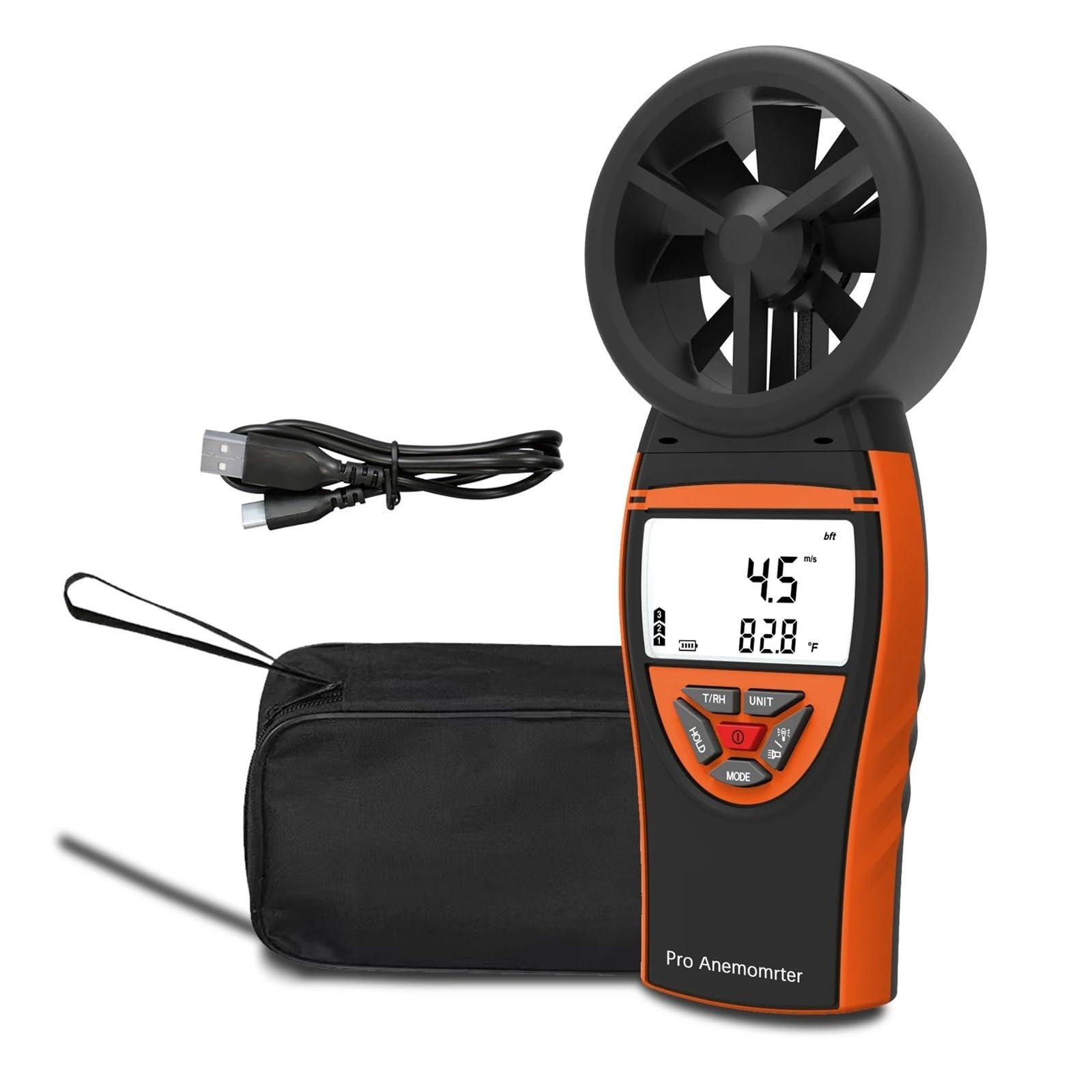Anemometro portatile for velocità del vento, temperatura, umidità, misuratore di portata d'aria digitale ricaricabile