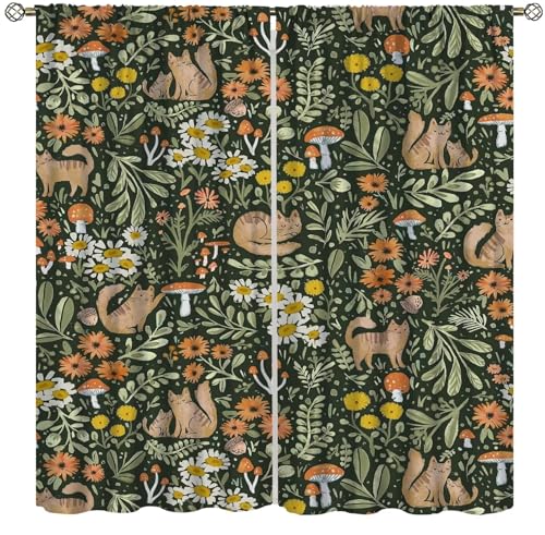 Image of Cartoon Cute Forest Blackout Curtains for Kids, Fairy Tale Mushroom Cat Flower Floral Leaf Green Pattern Decor Print Window Treatments, Rod Pocket Drapes for Children's Bedroom Nursery, 42x45in