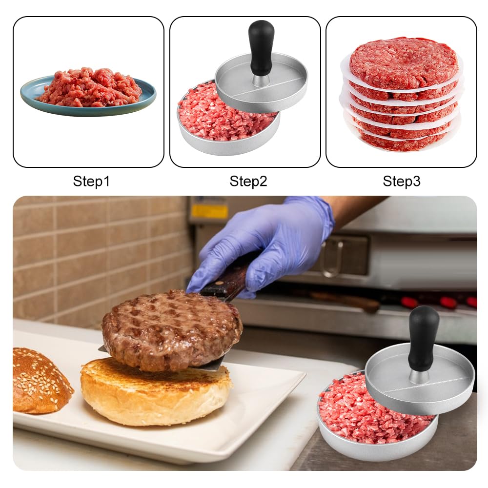 GreHom Pressa per Hamburger con 50 Fogli di Carta Antiaderente, macinato di Manzo, Macchina per Carne Antiaderente per Barbecue, Cottura al Forno, Hamburger ripieni, Hamburger di Manzo