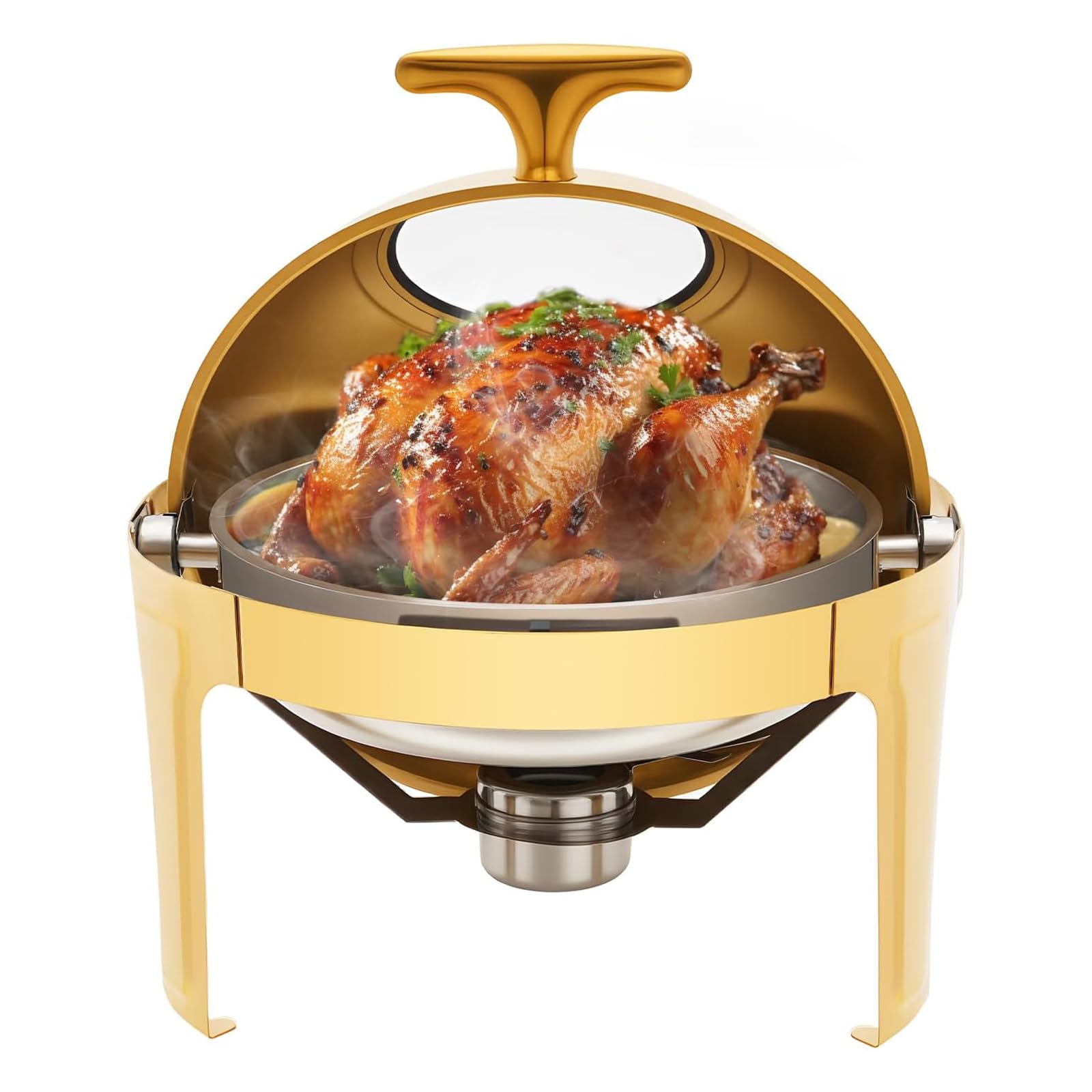 Plat à frictions, chauffe-aliments rond avec dessus enroulable à 180°, couvercle en verre et isolation thermique de l'eau pour fêtes, événements, hôtel, usage domestique