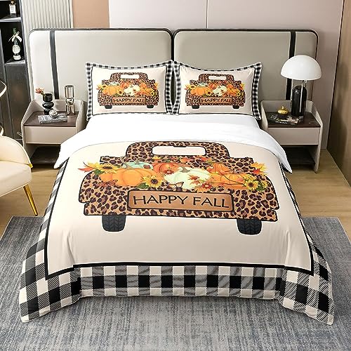 100% Cotton Plaid Pumpkin Leopard Truck Bedding Set Single, Fall Thanksgiving Harvest Duvet Cover