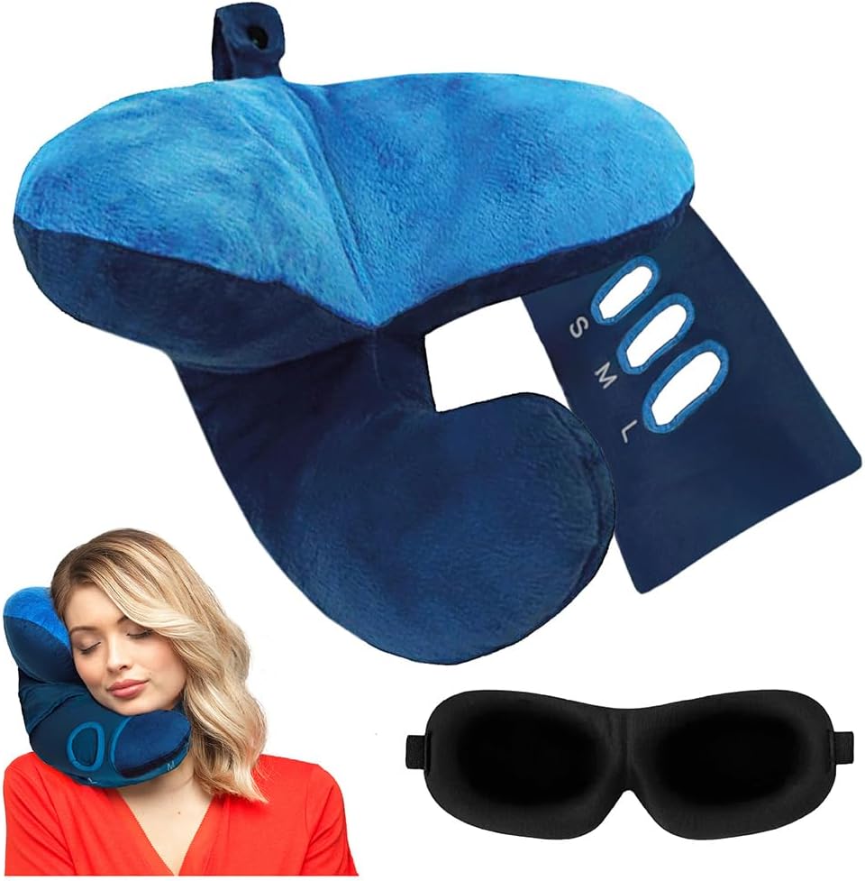 J-Pillow Travel Pillow with Scarf and Sleep Mask for Airplane – Ultimate Luxury and Complete Support – British Invention of The Year – Blue
