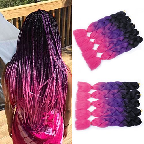 MSHAIR Ombre Jumbo Braiding Hair Extension Synthetic Kanekalon Fiber for Twist Braiding Hair Black/Purple/Hot Pink Color 24 Inch 5 Pieces/lot