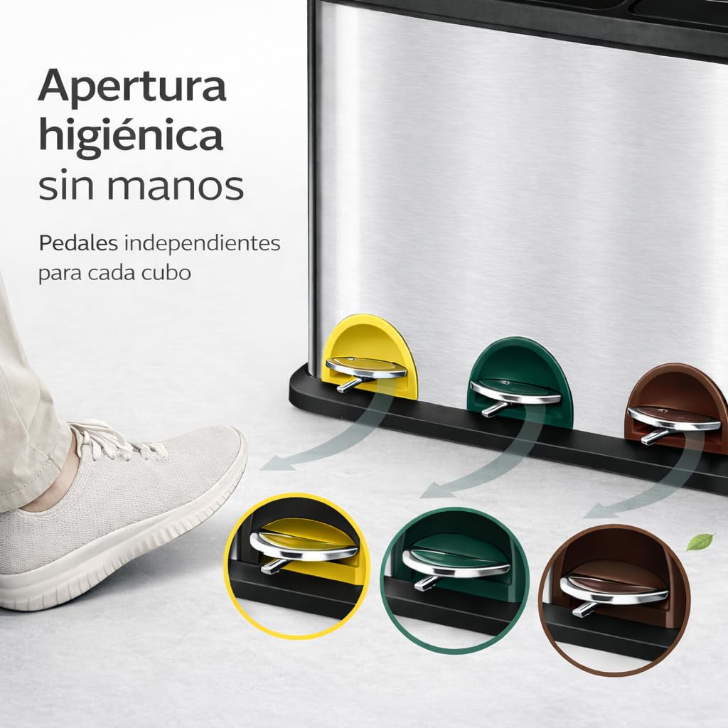 T-LOVENDO.ES Cubo basura o reciclaje 3 de compartimentos Grande | 3 X 8L Total 24 Litros | Contenedores de reciclaje separados por color | Papeleras con pedal | Acero | Gran capacidad