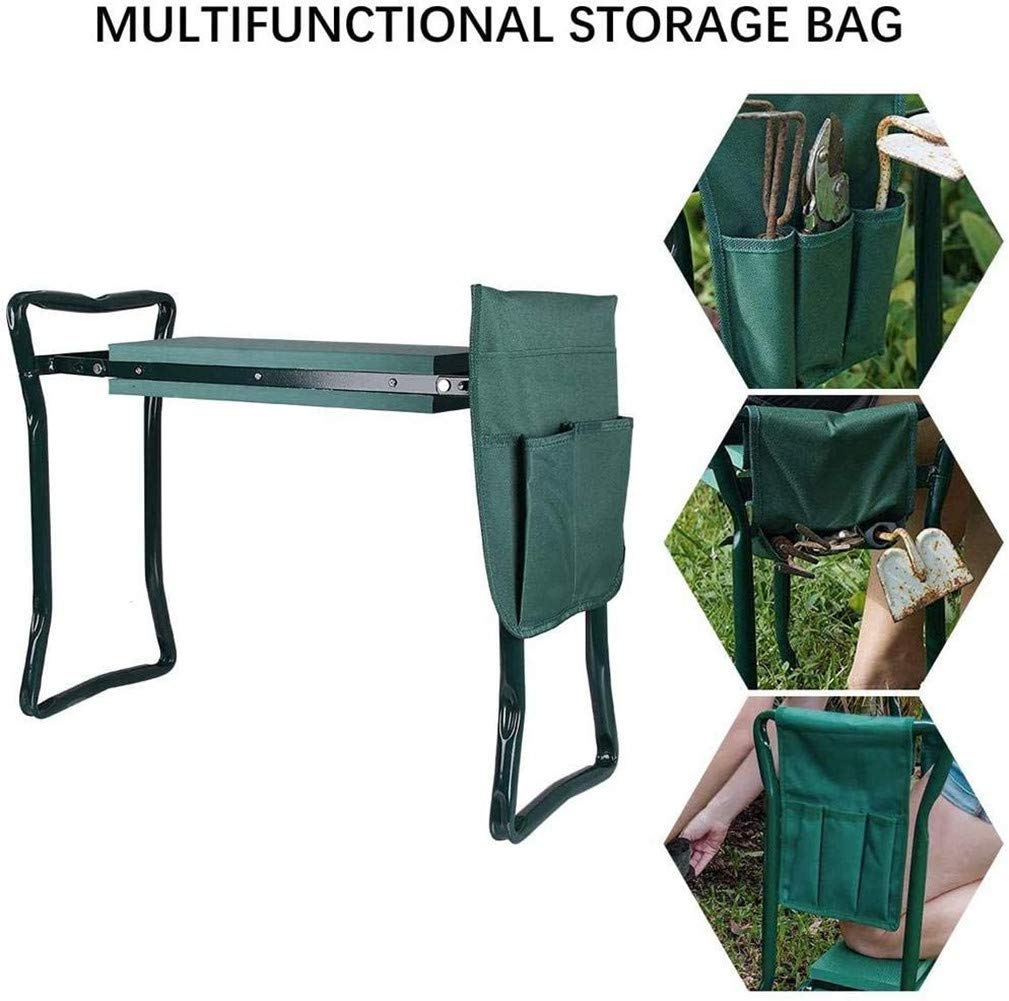 Sedile da Giardino Pieghevole 3in1 con Maniglie e Borsa per Attrezzi Sedile Imbottito, salvaspazio, sedili da Lavoro da Giardinaggio, Verde