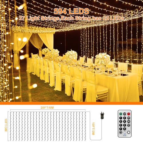 THKFUL Outdoor Christmas Curtain Lights Plug in,6x3M 594LED Long Curtain Fairy Lights Window Icicle Light Waterfall with Remote Timer Waterproof for Hanging Wall Balocny Xmas - Image 4