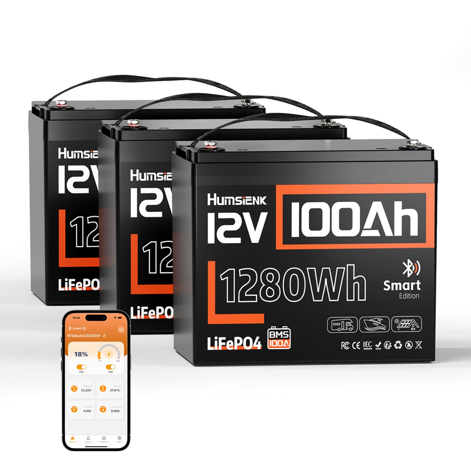 HumsiENK 3 Pack 12V 100Ah LiFePO4 Lithium Battery with Bluetooth (Group 24)