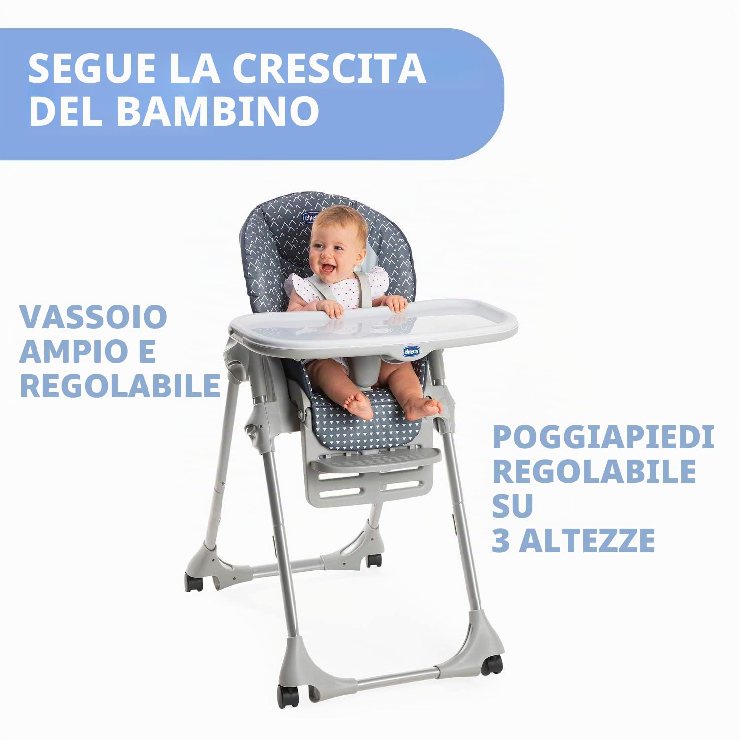 Chicco Polly Easy Seggiolone Pappa Evolutivo per Bambini da 6 Mesi a 3 Anni (15 kg), Reclinabile a Sdraietta, 4 Ruote - Pinguin, Blu